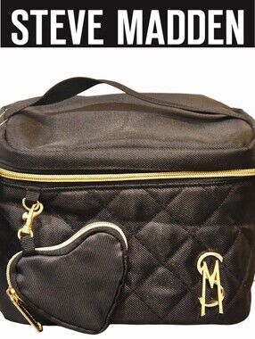 Steve Madden Quilted Insulated Lunch Tote Bag w/ Heart Pouch- Black